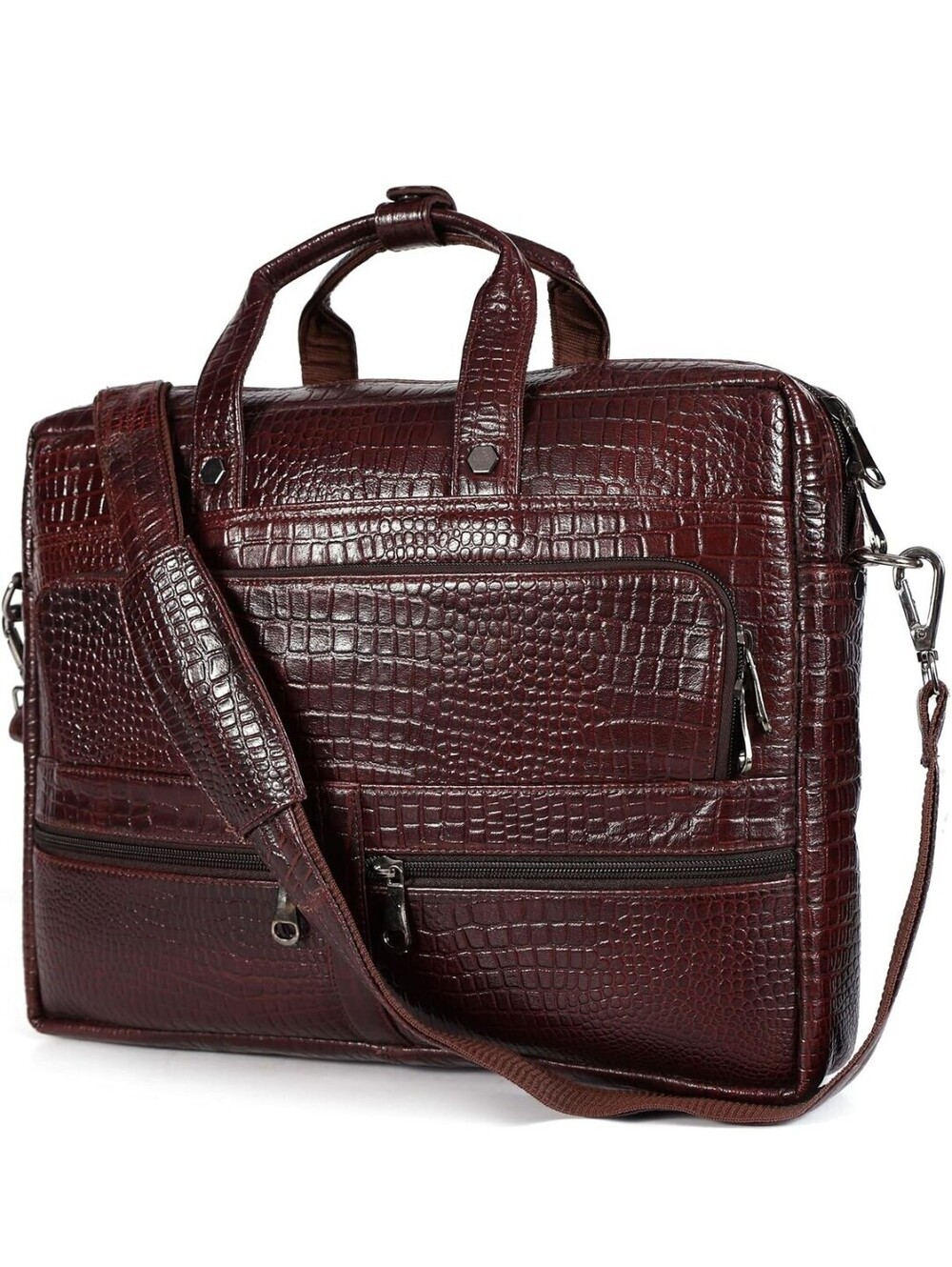 16" Crocodile Embossed Leather Laptop Briefcase, 5 Zipper Pockets, Cherry Brown